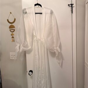 Women's Sheer Long Robe with Organza Bishop Sleeves - White